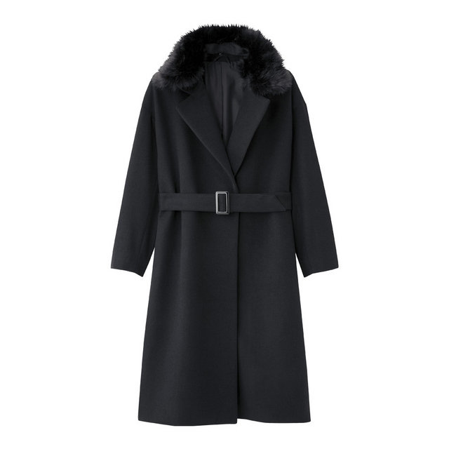 フェイクファー付きベルテッドコート