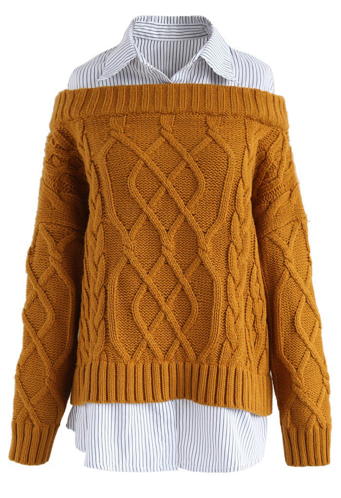 シャツ重ね着風ケーブルニットセーター