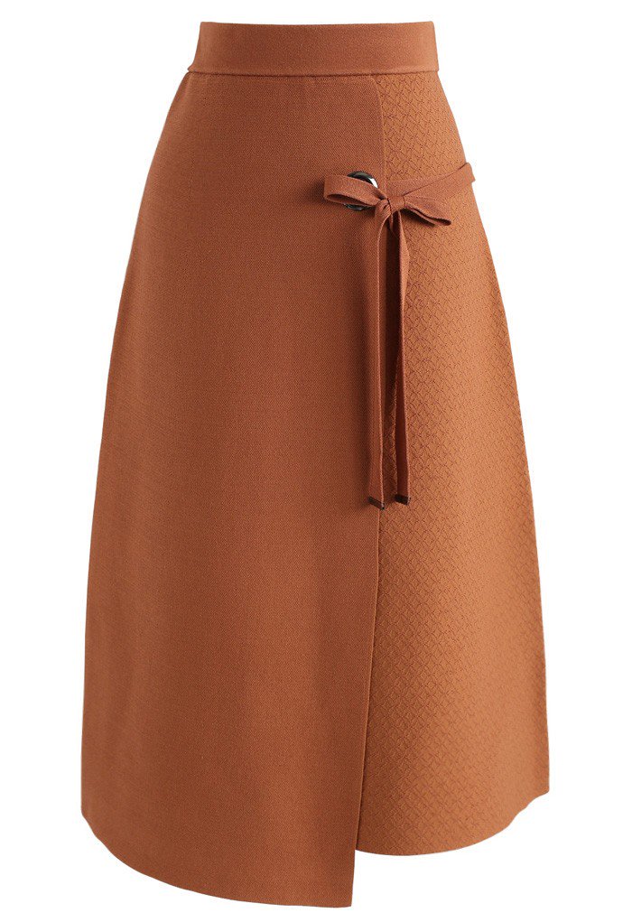 リボンダイヤモンド柄エンボス加工ニットラップスカート