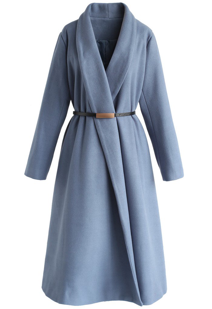 ゴージャスベルト付き前開きウール混ロングコート
