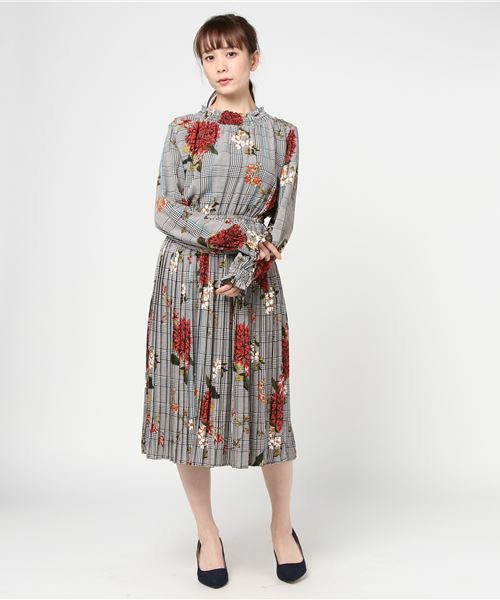 グレンチェックフラワーハイネック長袖ワンピース