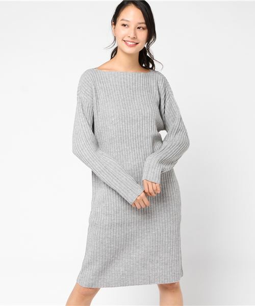 ボートネック リブ編み ニットワンピース