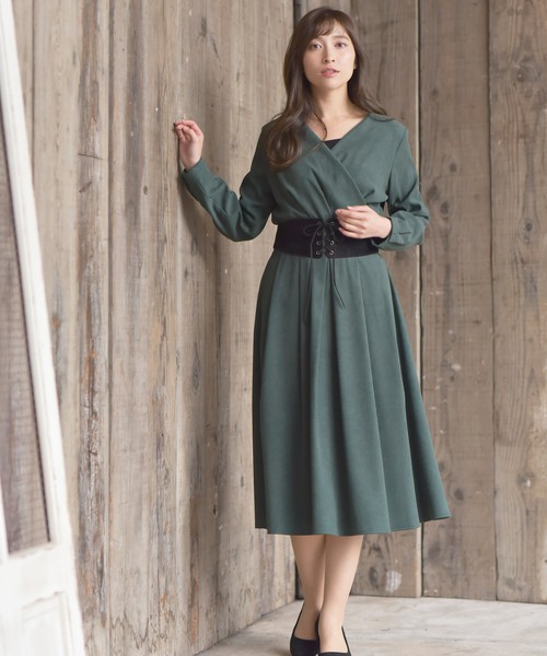 ピーチタックカシュクールフレアーワンピース