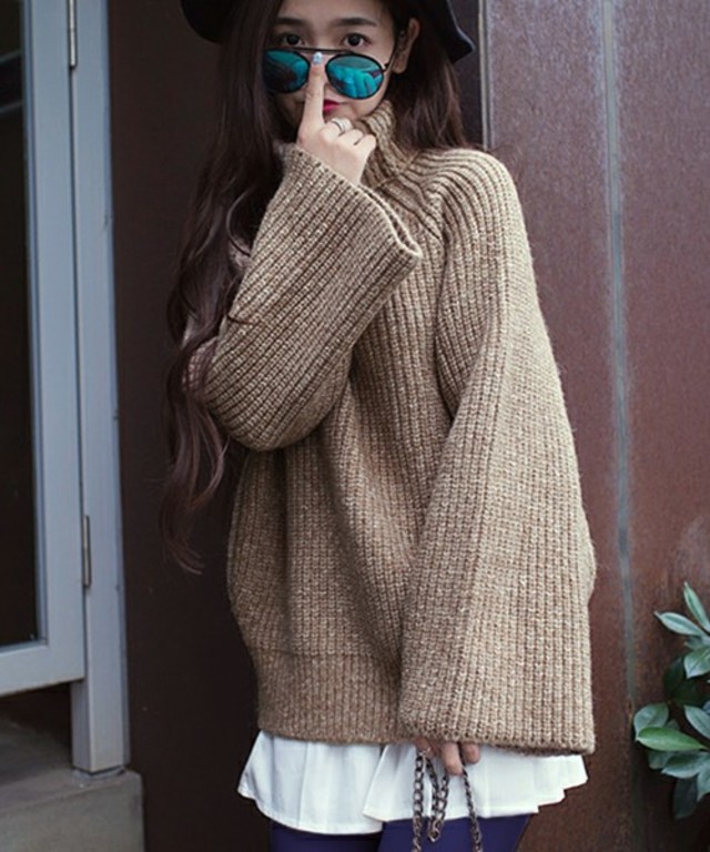 ANDJ　ワイドスリーブビッグシルエットハイネックミックスニット