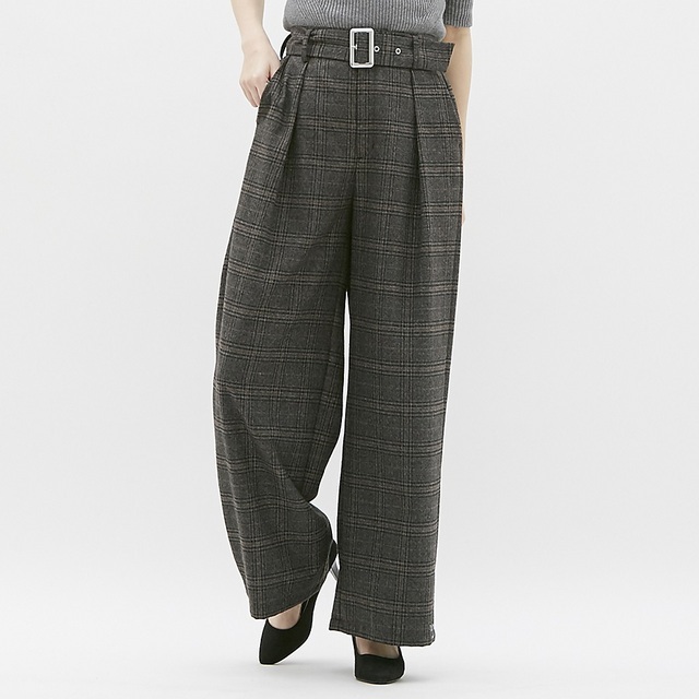 ベルト付きワイドパンツ（チェック）