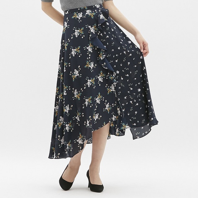 フリルアシメヘムマキシスカート（フラワー）CR