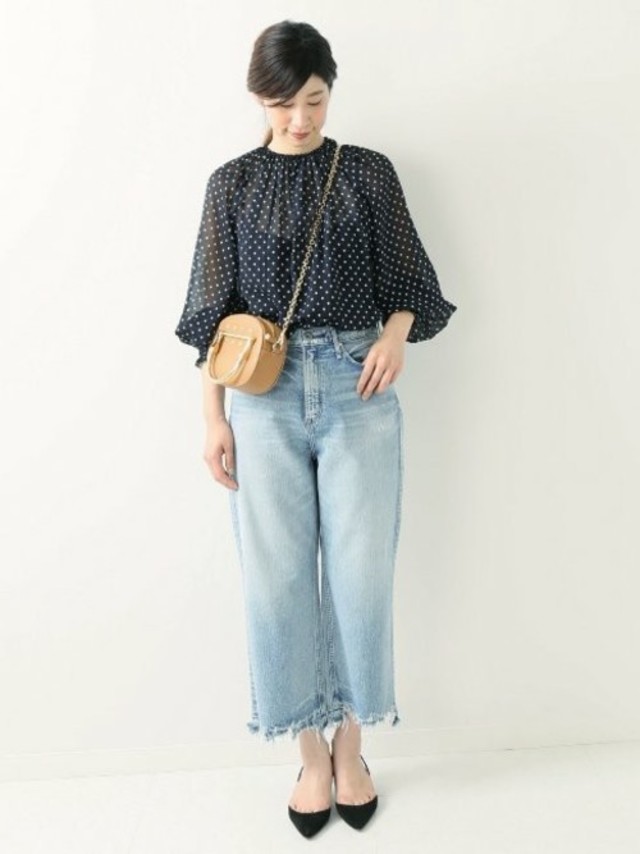 オジヤ楊柳ドット シャーリングカフスブラウス