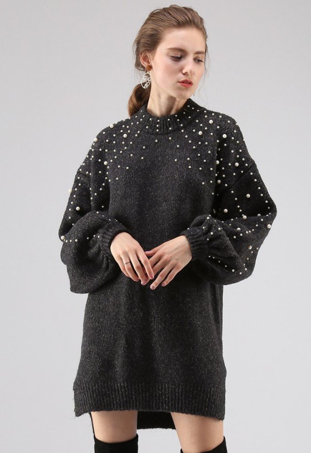 キラキラパール飾りロングセーターニットワンピース