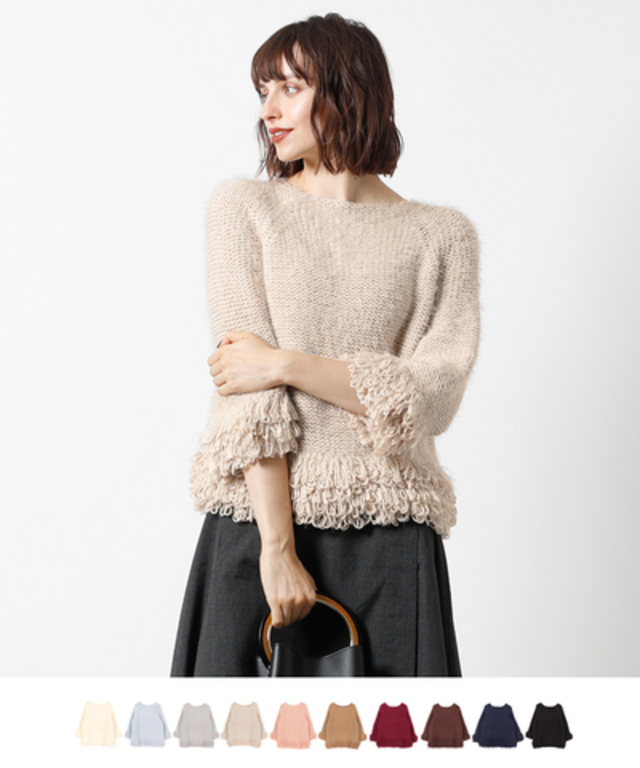 フリンジラグランスリーブニットトップス