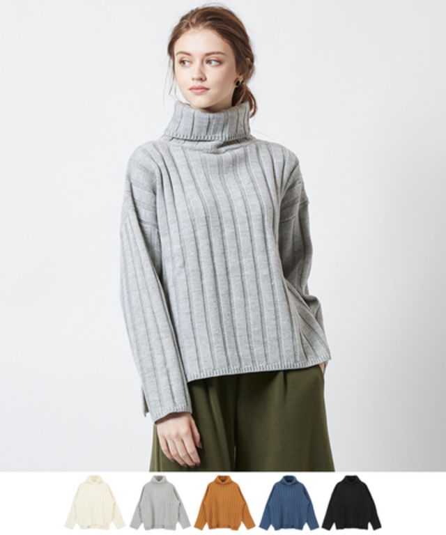 ワイドリブタートルニット