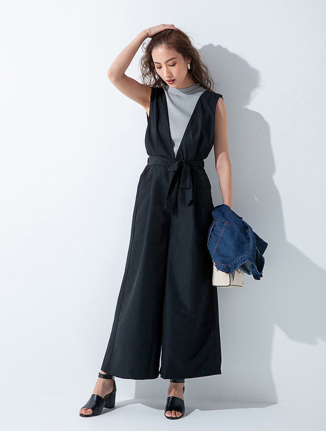 ウエストリボンVネックコンビネゾン