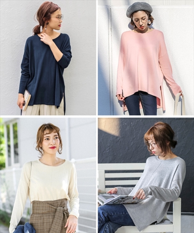 ラウンドネックサイドスリットシンプルロングニットチュニック