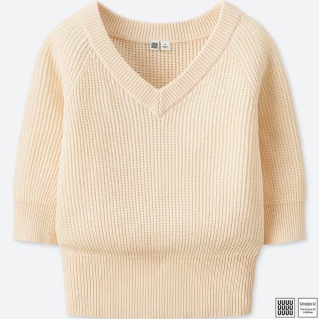 コットンクロップドVネックセーター（7分袖）