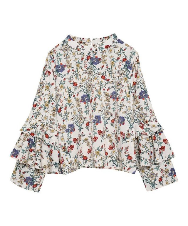 花柄スタンド2段フレア袖ブラウス