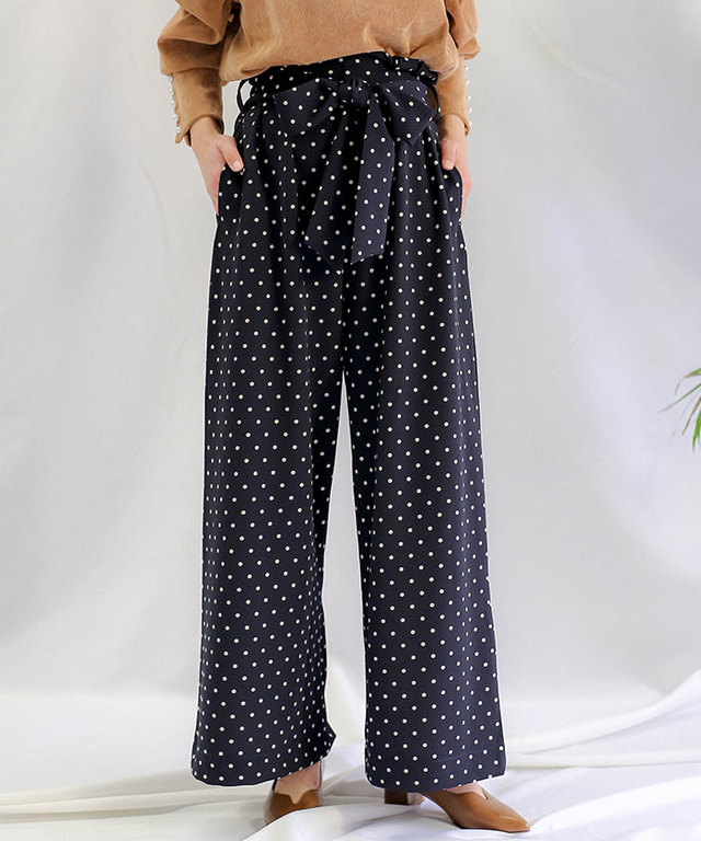 ウエストゴムリボンベルト付きドットハイウエストワイドパンツ