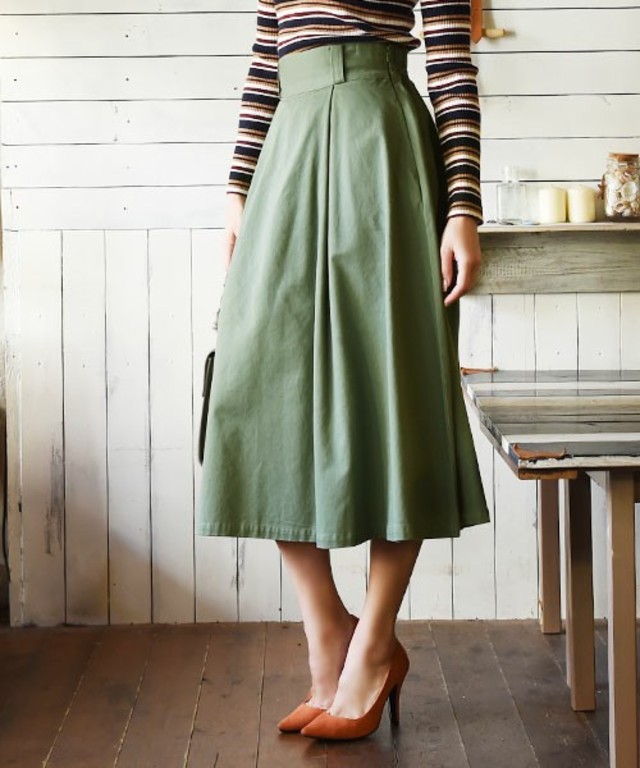 [綿100%]タックフレアスカート