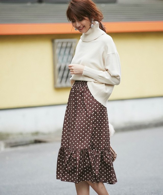 ドット柄ギャザー切替フレアスカート