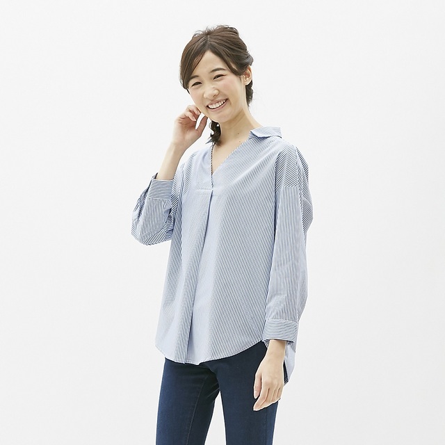 ストライプオーバーサイズスキッパーシャツ(7分袖)