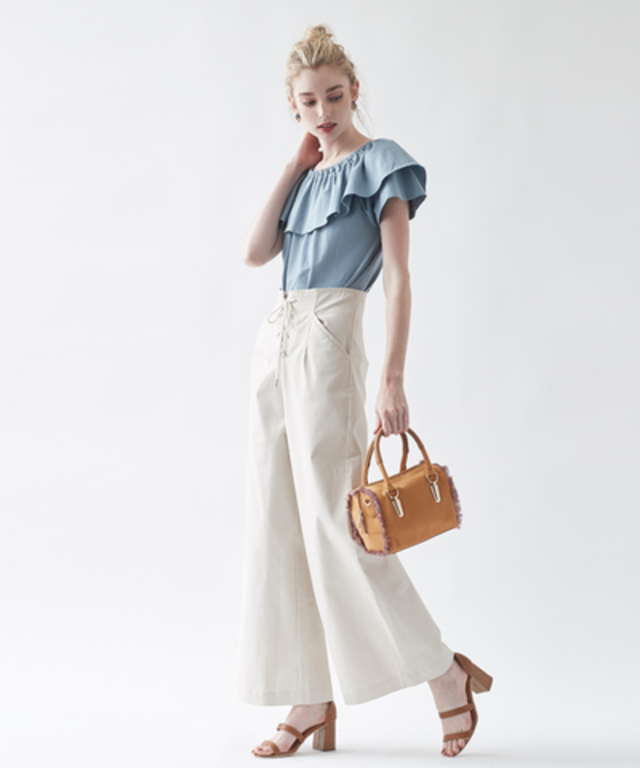 フロントレースアップハイウエストワイドパンツ