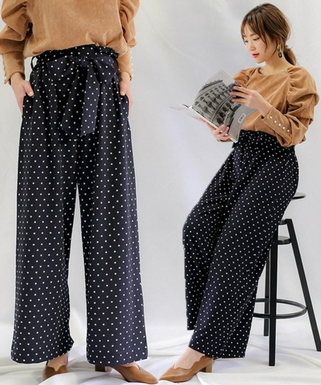 ウエストゴムリボンベルト付きドットハイウエストワイドパンツ