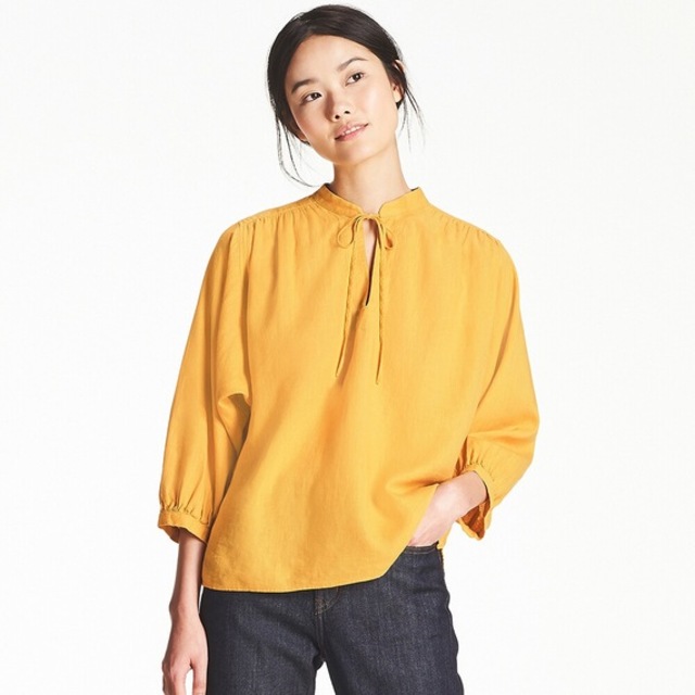 リネンブレンドギャザーブラウス（7分袖）