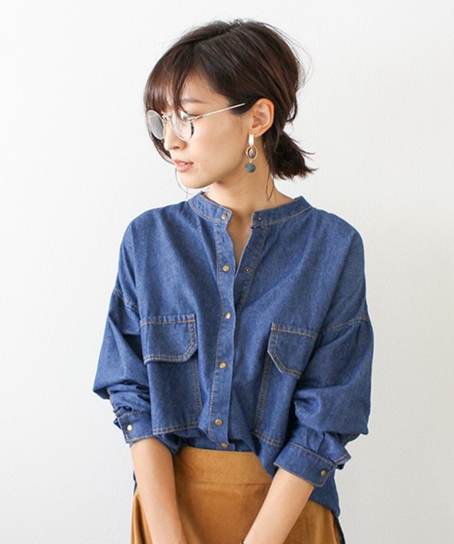 ノーカラーデニムシャツ 長袖シャツ シャツ