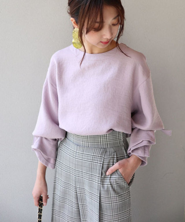 シュリンクジョーゼット袖口リボンブラウス