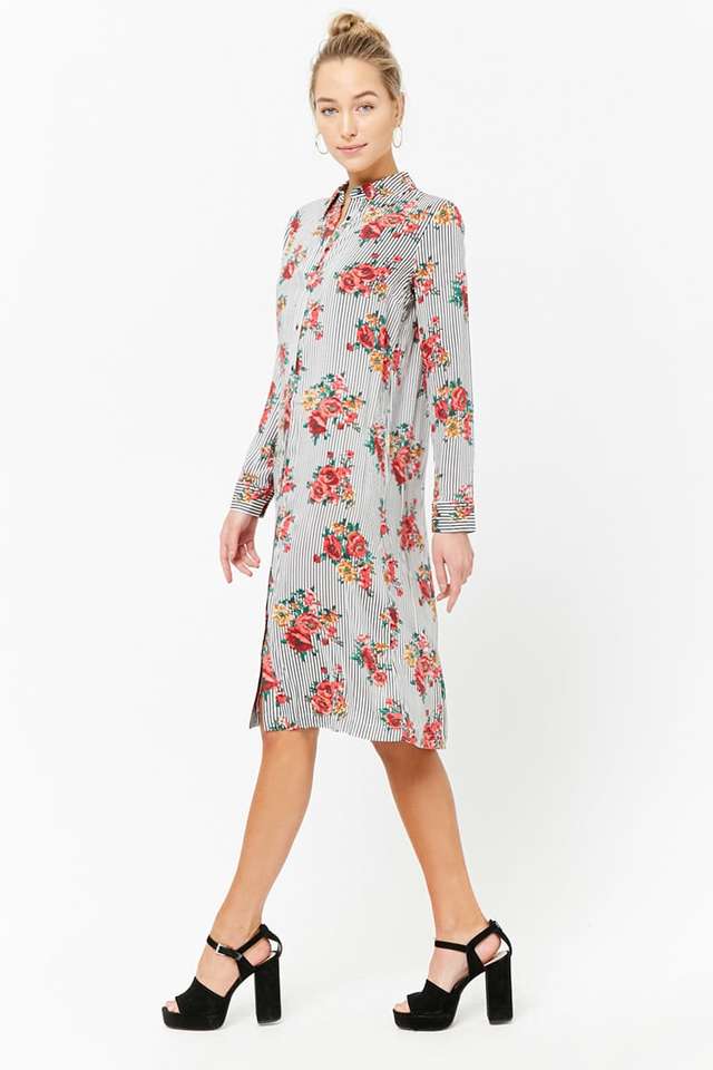 ストライプ&フラワーシャツワンピース