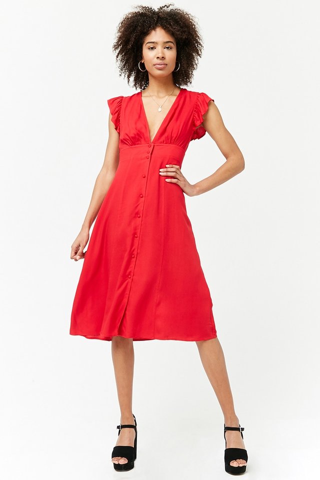 Vネックミディワンピース