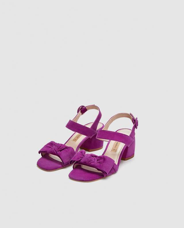 リボン付きレザーハイヒールサンダル