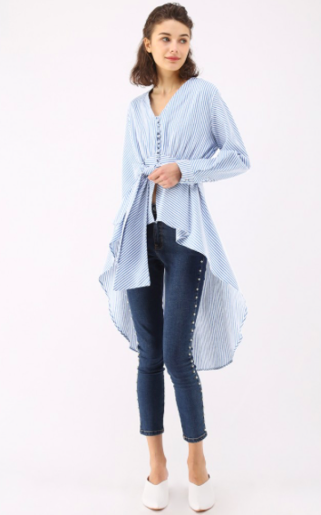 ストライプイレギュラーフレア据シャツトップス