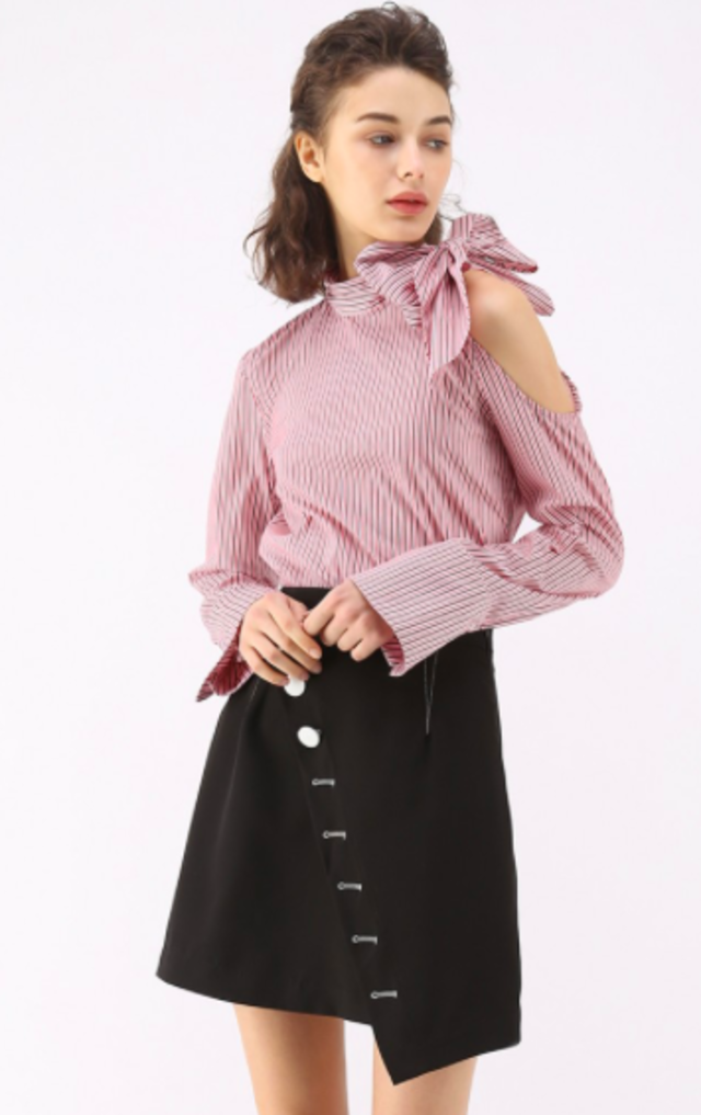 リボンボウタイストライプショルダートップス