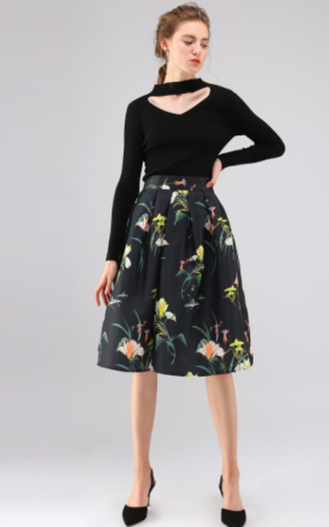野のユリ プリントスカート ミディ丈 ブラック