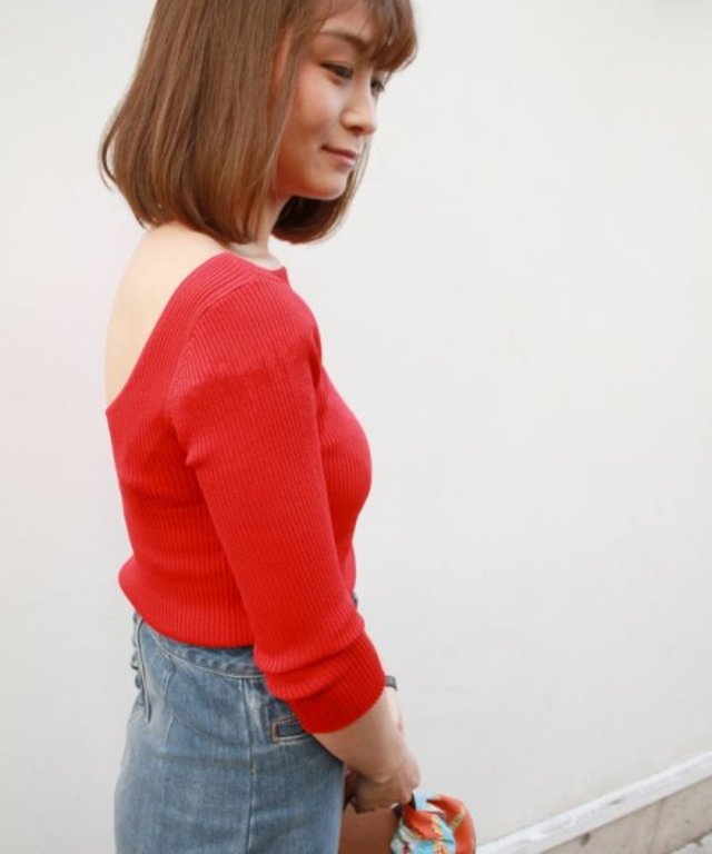 7分袖バックオープンニットプルオーバー