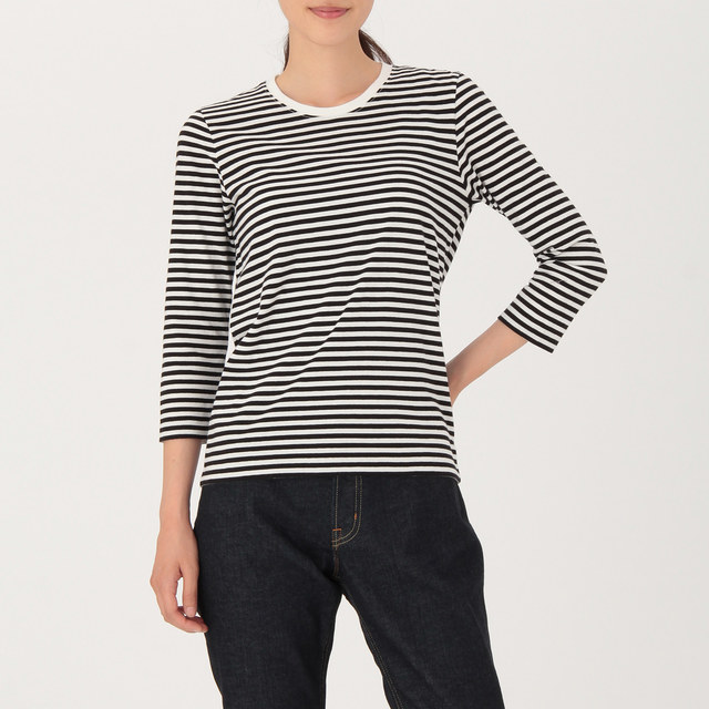 オーガニックコットン七分袖Ｔシャツ　婦人・白×黒