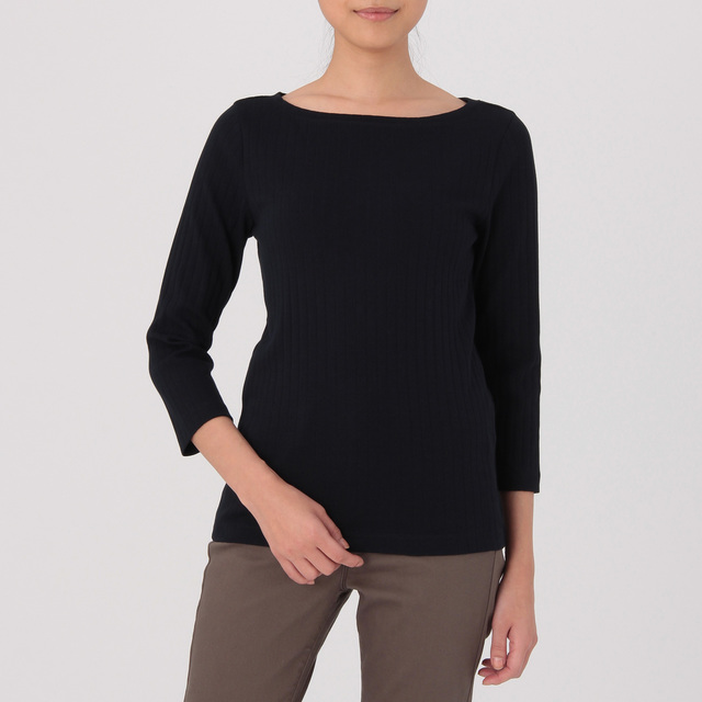 オーガニックコットン混ワイドリブボートネック七分袖Ｔシャツ