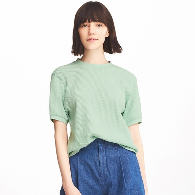 ワッフルクルーネックT（5分袖）