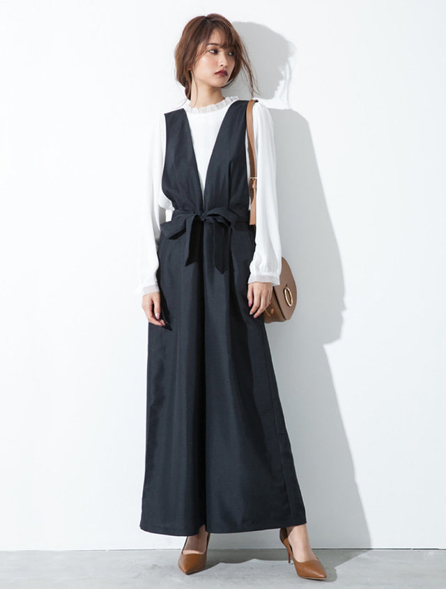 ウエストリボンVネックコンビネゾン