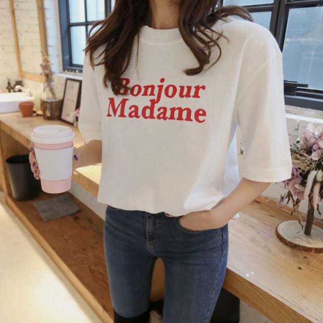 5分袖レタリングTシャツ