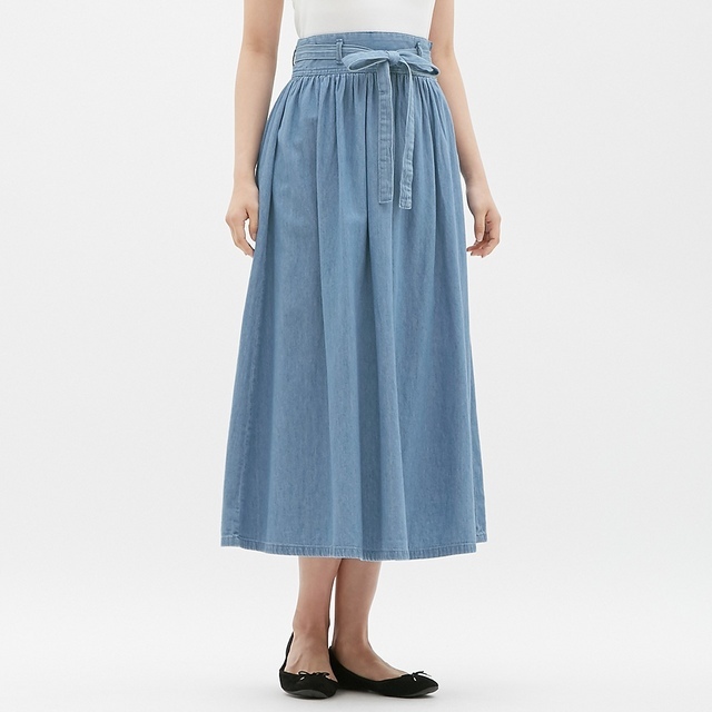 デニムウエストリボンフレアロングスカート