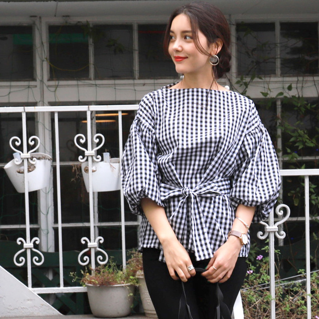 バルーンスリーブウエストリボントップス