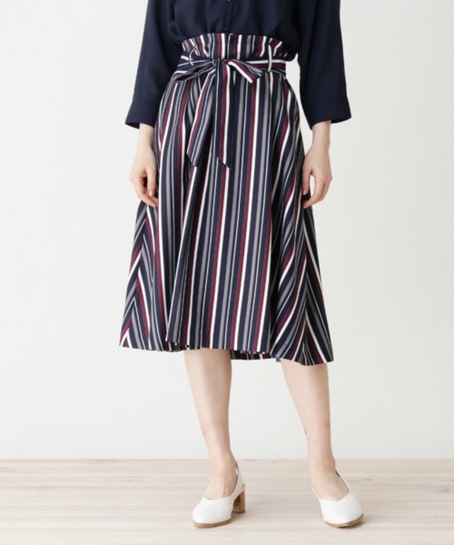 洗える リボンベルト付きマルチストライプスカート