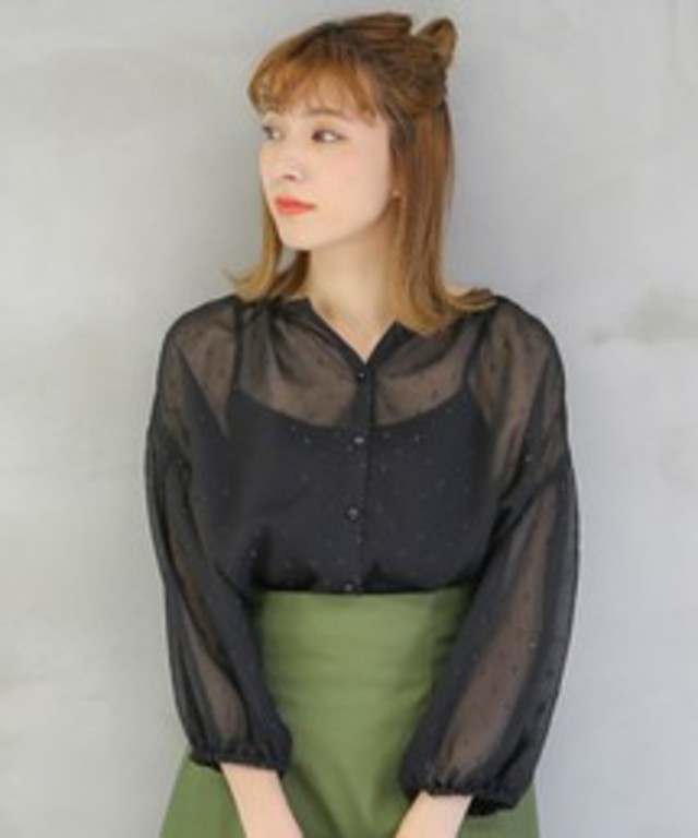 楊柳シフォンラメカットドビーバルーンスリーブ七分袖ぺプラムブラウス