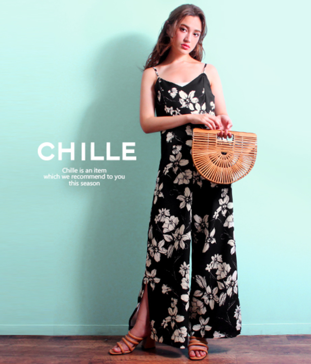 花柄裾スリット入オールインワン