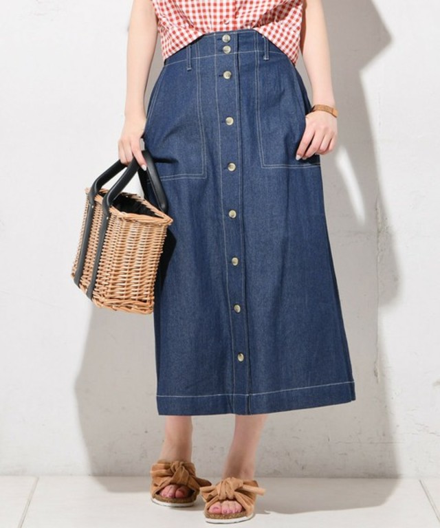 配色ステッチ前釦スカート