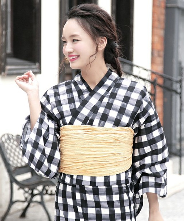 浴衣3点セット ギンガムチェック （浴衣＋帯＋下駄）