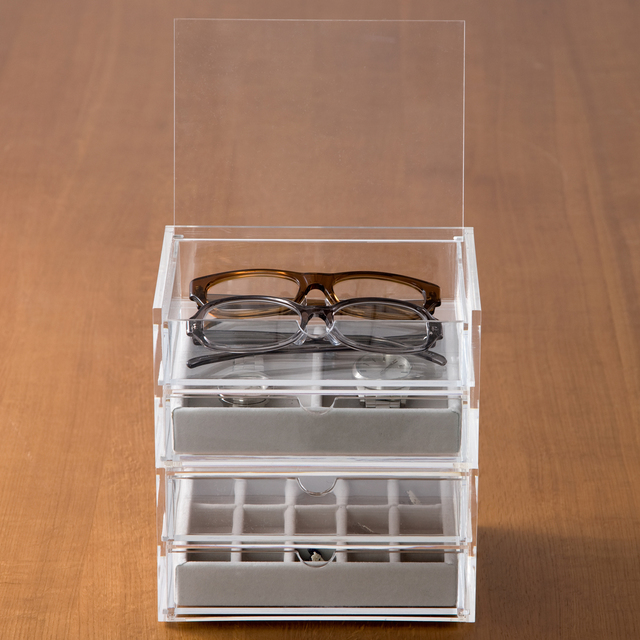 重なるアクリルケース２段フタ付引出　約幅１７．５×奥行１３×高さ９．５ｃｍ