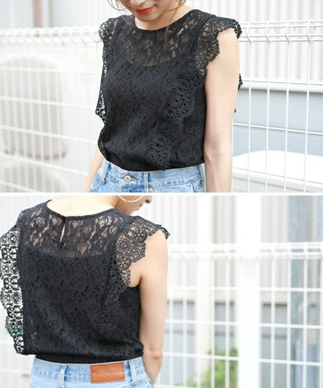 ショルダーラインスカラップヘムラウンドネックノースリーブ総レースブラウス