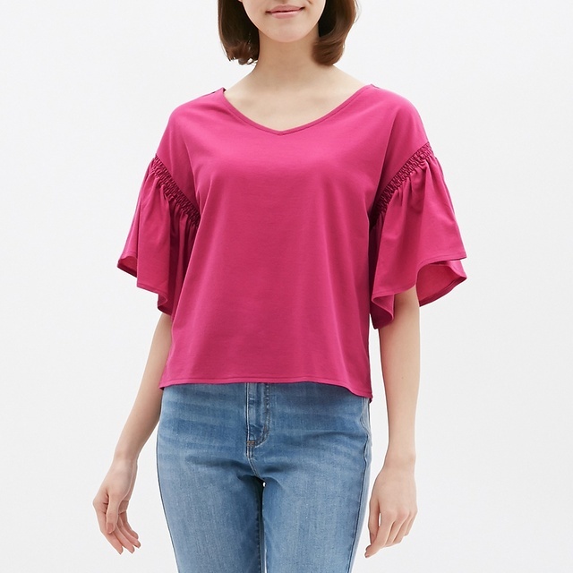 シャーリングフリルスリーブT(半袖)