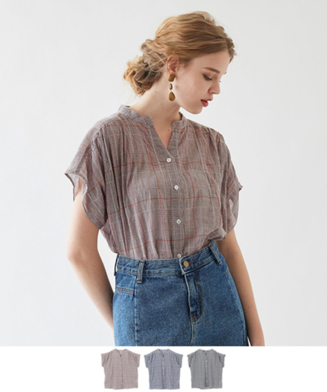 グレンチェック柄裾フレアブラウス